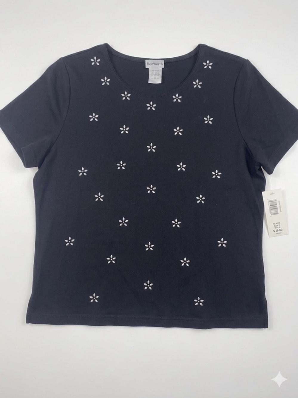 BonWorth Black Short Sleeve Tee with White Floral Cutouts